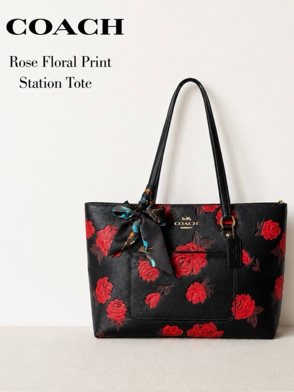 NWT Coach Black/Gold Station Tote Red Flower multiple pockets CCE23 - Picture 1 of 14
